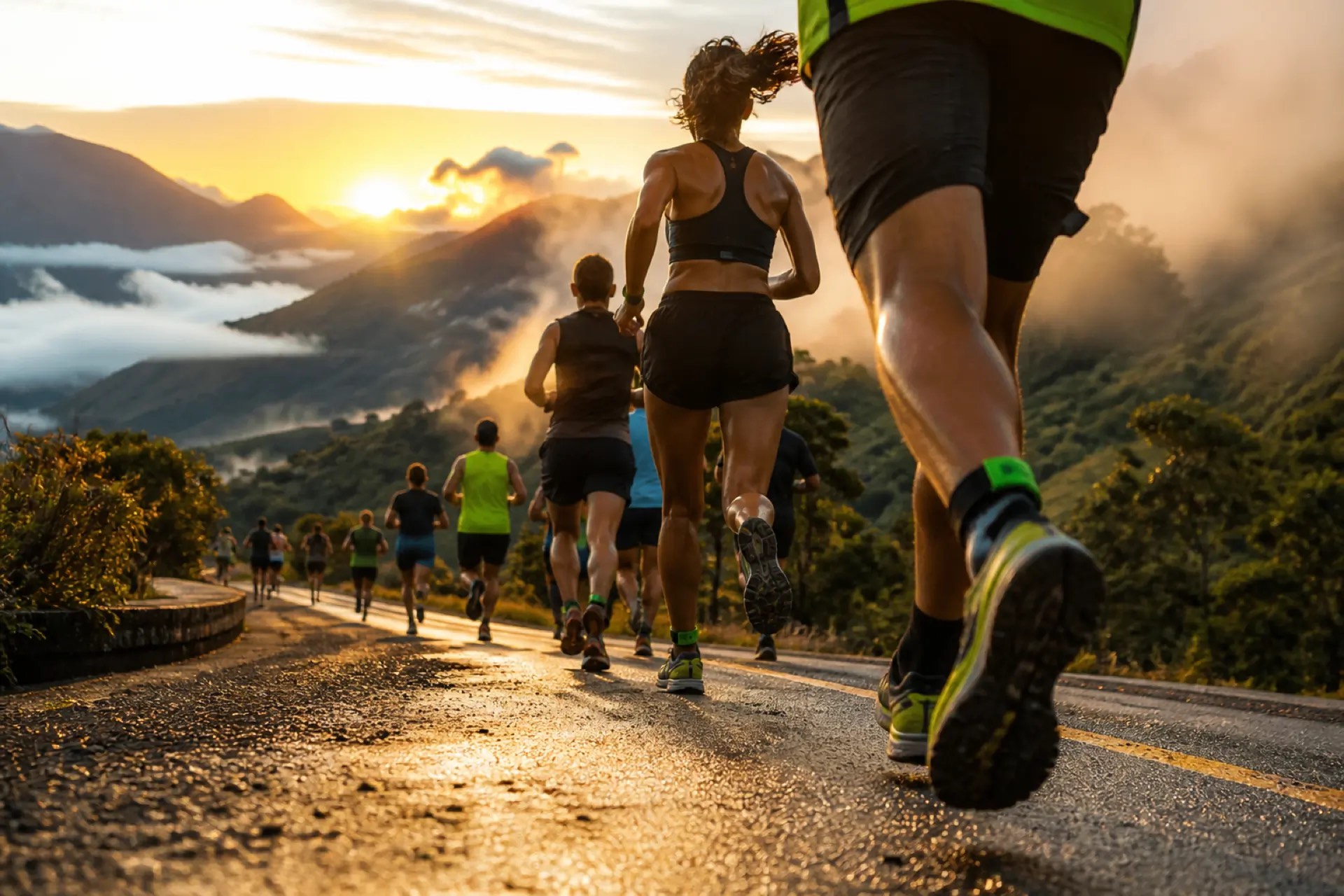 Atletas compitiendo al amanecer en un evento deportivo
