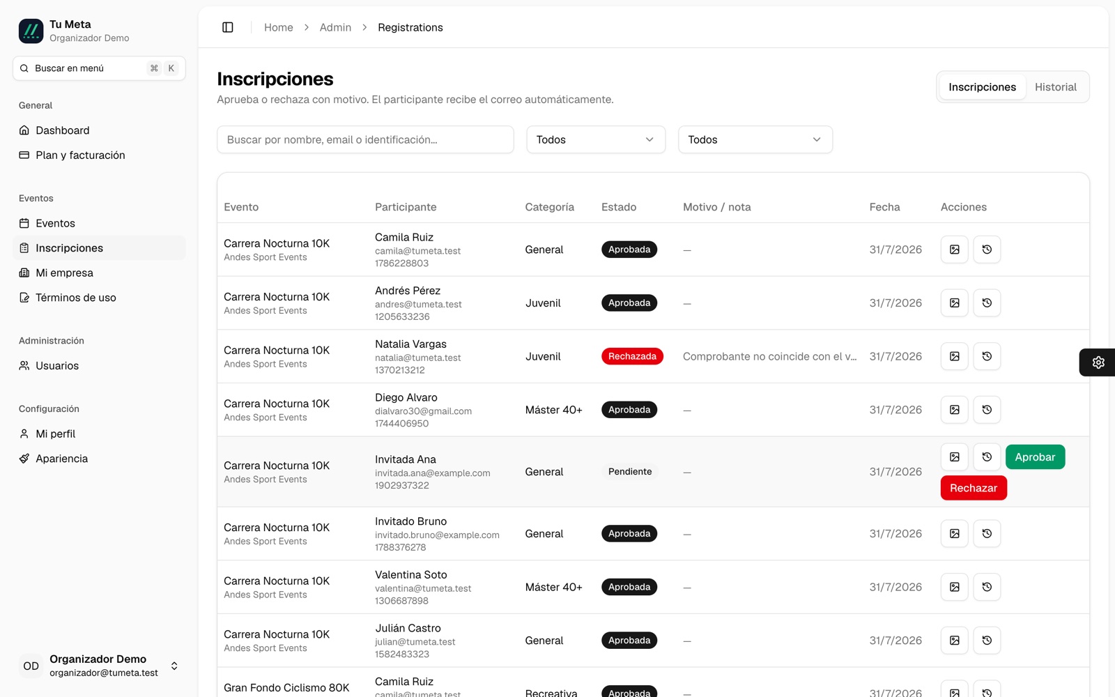 Gestión real de inscripciones: aprobar o rechazar con motivos